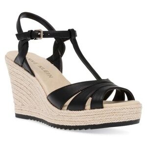 NWT Anne Klein Waves Raffia Wedge Platform Sandals Black Comfort Shoes Size 10